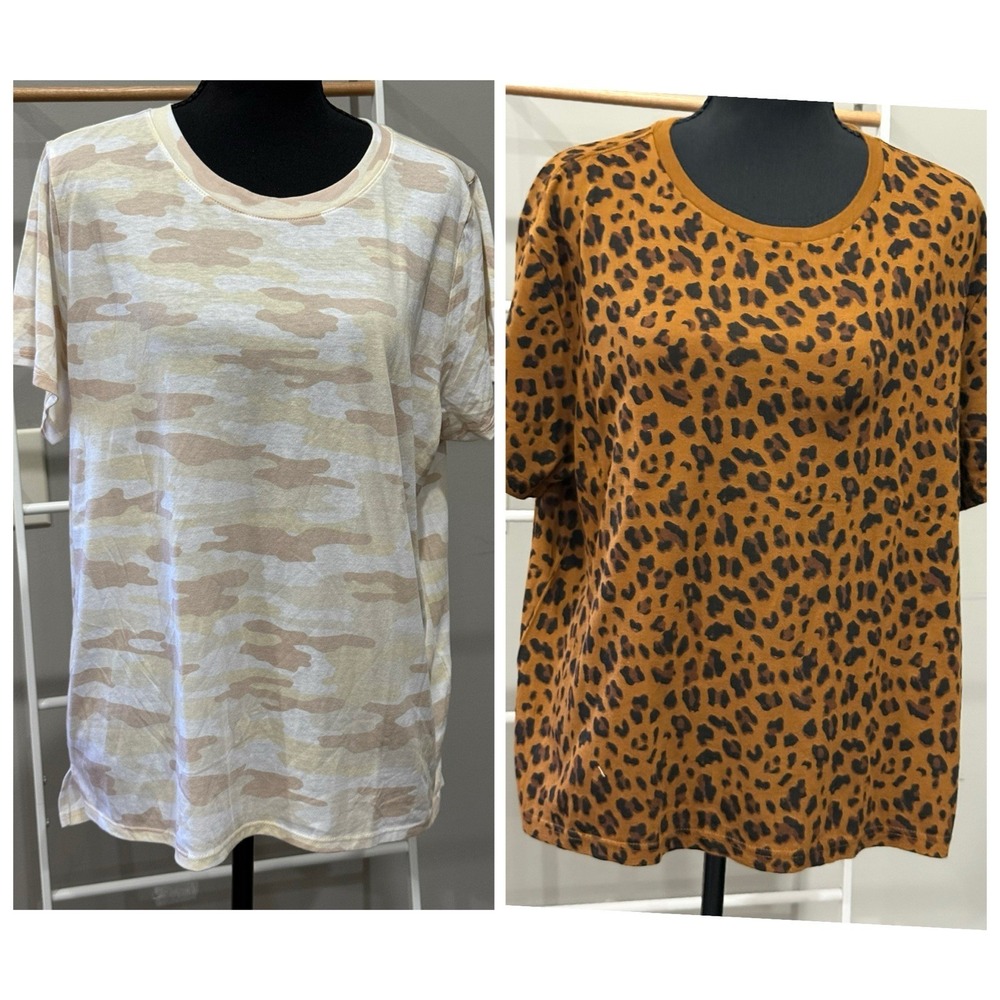 Lucky Brand Lot 2 Cotton Tees Sz L/XL Camo Leopard Print Safari Eclectic Basics